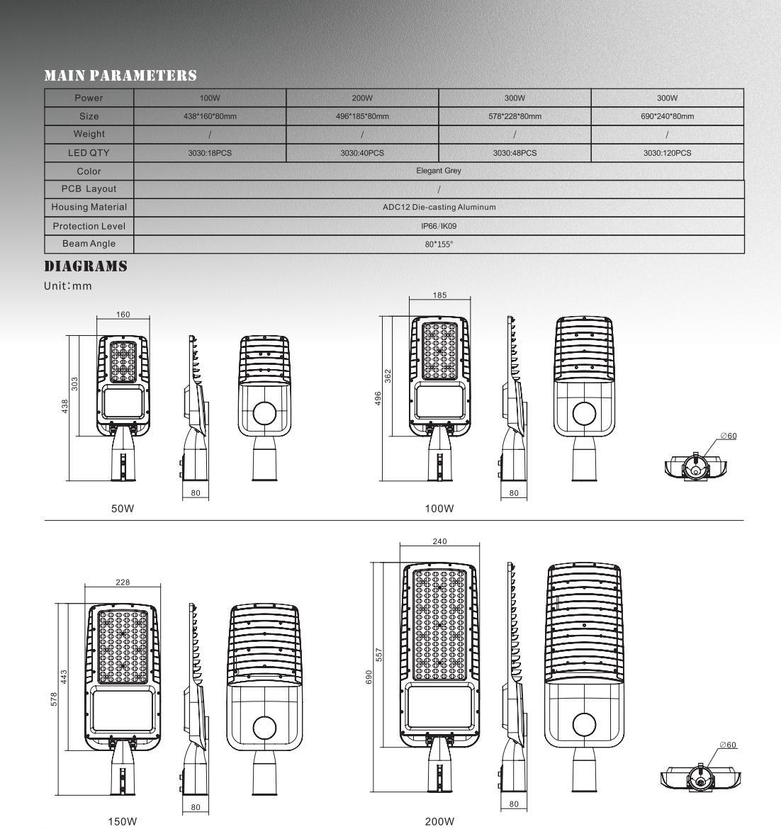 100W 150W 200W multi-power optional LED street light specifications