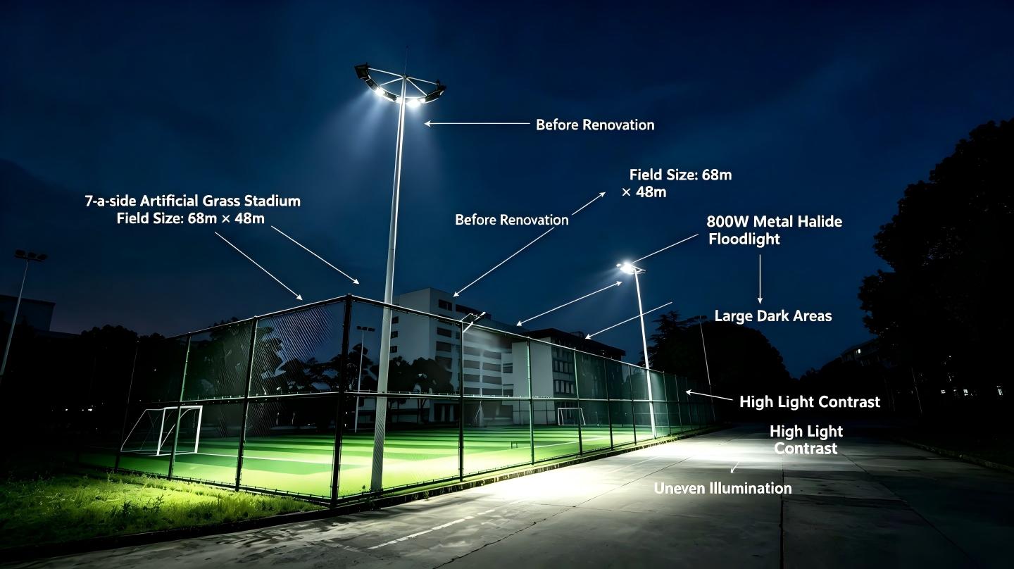 Night real shot of 7-a-side artificial turf football pitch before renovation, dim and uneven lighting with clear pitch size marks