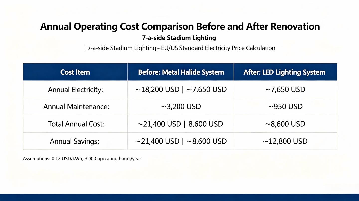 Annual operation cost comparison table of 7-a-side pitch lighting before and after renovation