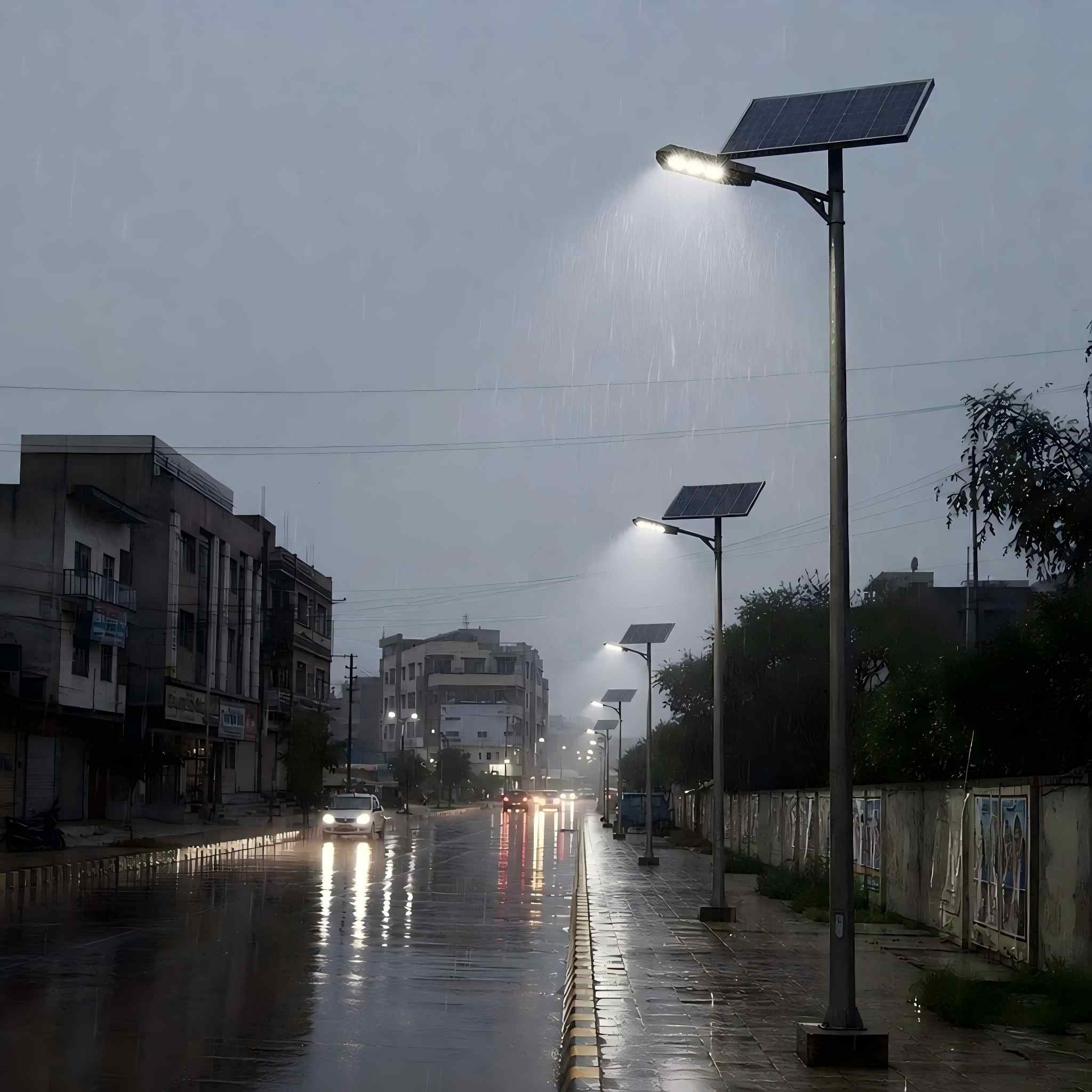 solar street light on a rainy urban road