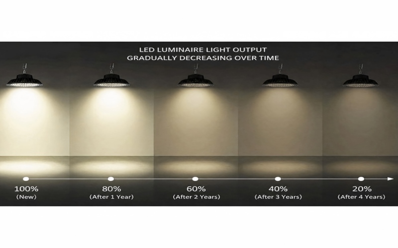 LED luminaire light output gradually decreasing over time