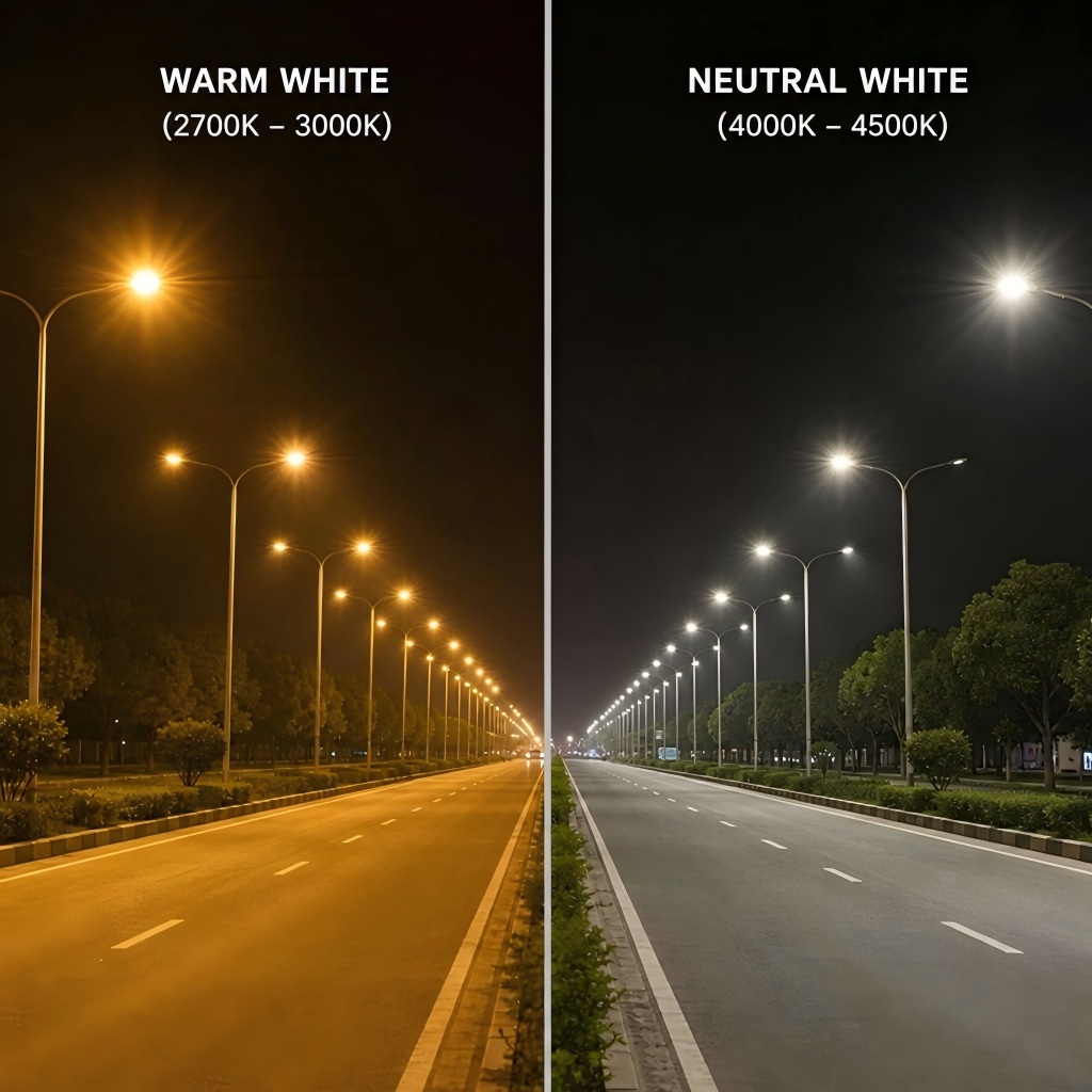 Comparison of warm white and neutral white street lighting on a roadway