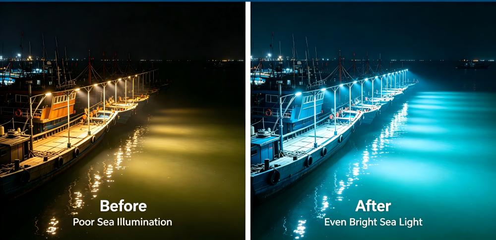  Lighting effect comparison before and after LED fish attracting light renovation on Lingao fishing boat