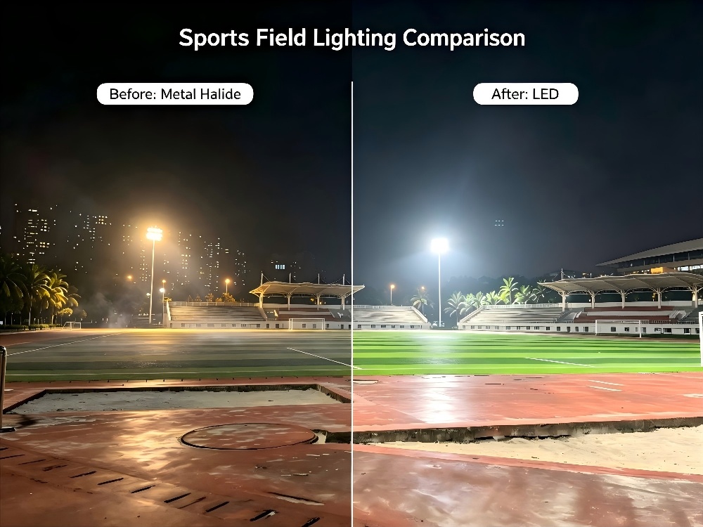 Old metal halide lamps on stadium pole before upgrade