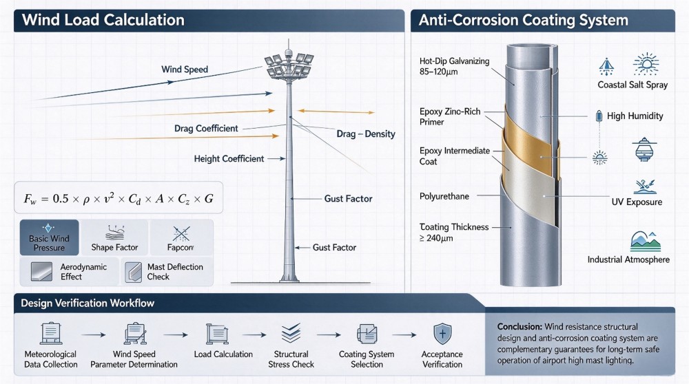 Wind load calculation and anti-corrosion coating for airport high mast