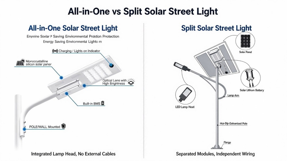 Structure diagram of all-in-one solar street light and split solar street light