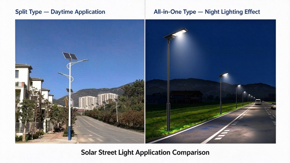 Road project site for all-in-one and split solar street lighting