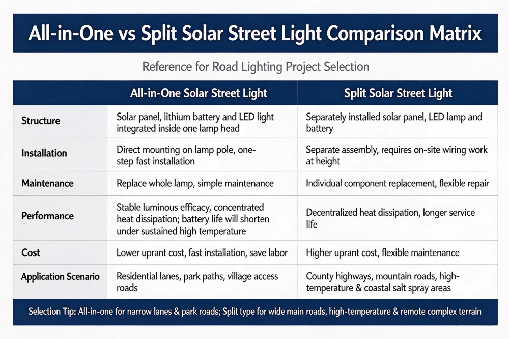 All in one and split solar street lights side-by-side comparison for road lighting project